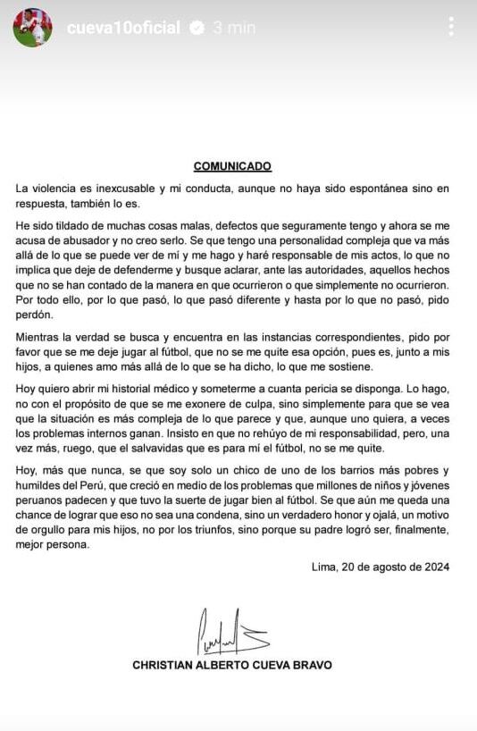 Christian Cueva publicó un comunicado en sus redes sociales en el que asume responsabilidad por su conducta y solicita continuar jugando al fútbol.