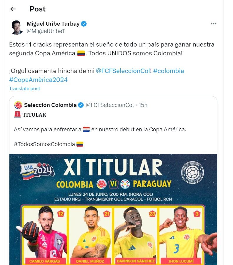 Miguel Uribe Turbay destaca a los jugadores de la selección Colombia - crédito @MiguelUribeT