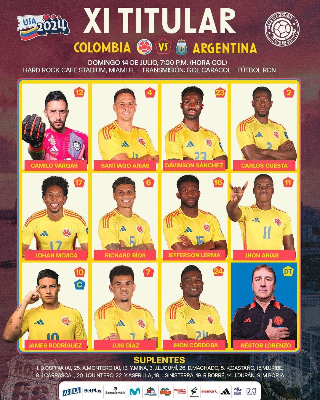 Los once incialistas de Colombia para la final de la Copa América 2024 - crédito Selección Colombia