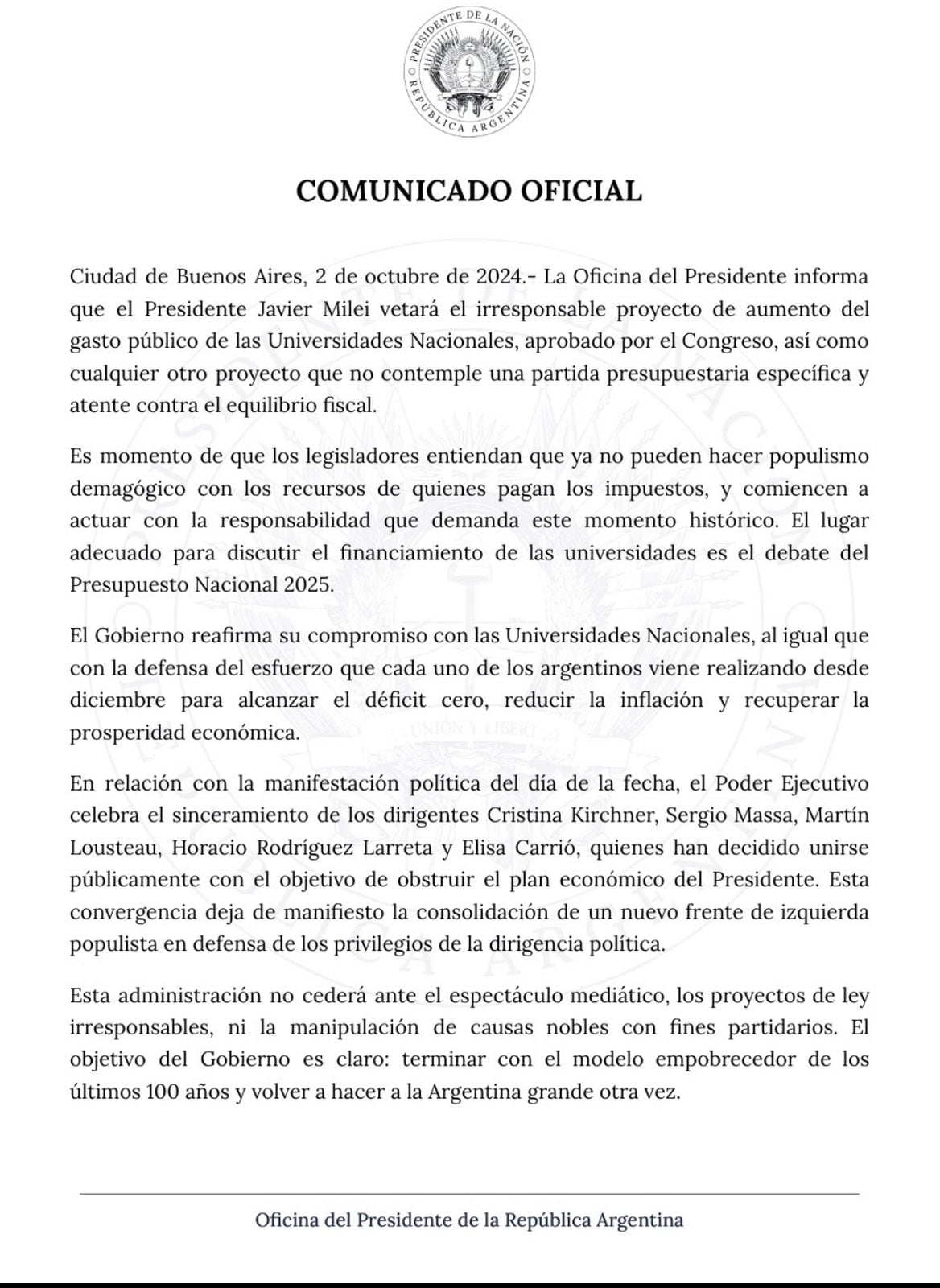 Comunicado de la Oficial tras la marcha universitaria