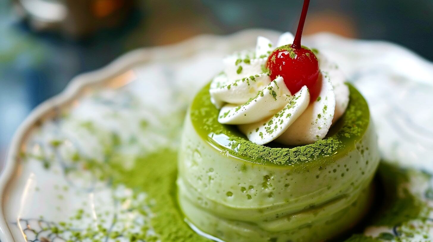 Postre de té verde, flan japonés, receta con matcha, textura cremosa, antioxidantes, postre saludable, presentación elegante, cocina asiática, flan gourmet, sabor único, ingredientes frescos, postre vibrante, delicia japonesa, flan de té, color vibrante - (Imagen Ilustrativa Infobae)