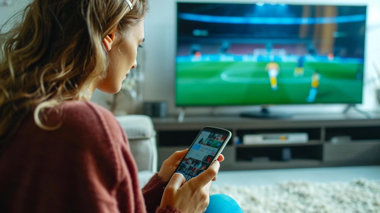 Un individuo concentrado en su teléfono móvil, con un televisor encendido en el fondo mostrando una película o serie. La imagen captura la realidad de cómo los smartphones y el acceso a internet y redes sociales han cambiado la manera en que interactuamos con los medios tradicionales, mostrando la tendencia de dividir nuestra atención entre distintas pantallas en nuestra vida diaria. (Imagen ilustrativa Infobae)