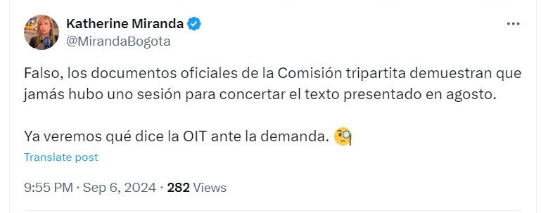 La representante de Alianza Verde señaló que el proyecto del Gobierno viola las normas de la OIT - crédito @MirandaBogota/X