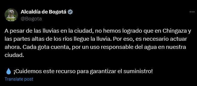 La Alcaldía de Bogotá advirtió que pesa a las lluvias de los últimos días se mantiene la alerta por el nivel del sistema Chingaza - crédito @Bogota/X