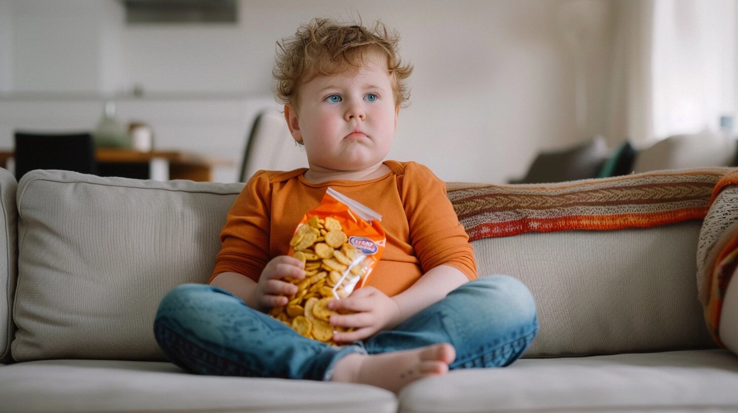 Un niño con sobrepeso se relaja en el sillón, con un paquete de papas fritas en sus manos. La imagen muestra a un niño sentado cómodamente, con un paquete de comida chatarra en su regazo, lo que puede ser un indicador de hábitos alimenticios poco saludables. La obesidad infantil es un problema de salud que requiere atención y cambios en la dieta y el estilo de vida. (Imagen ilustrativa Infobae)