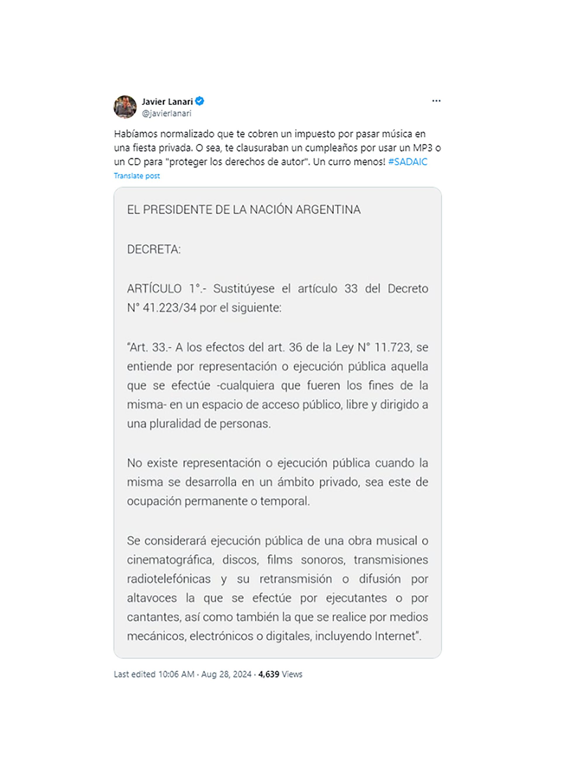 Javier Lanari comenta el decreto sobre propiedad intelectual