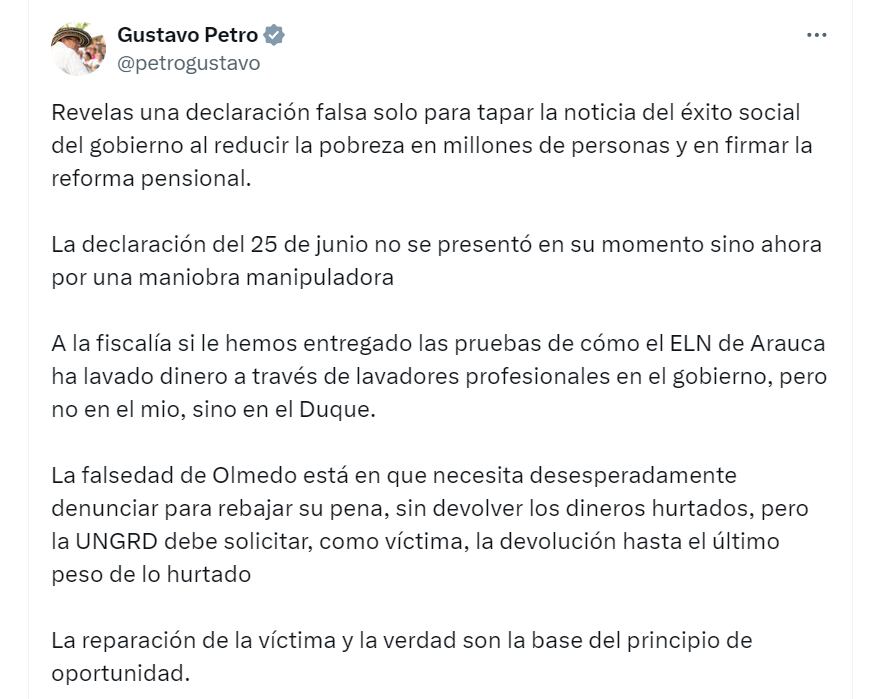 Gustavo Petro niega que Gobierno haya dado dineros a ELN / @petrogustavo/X