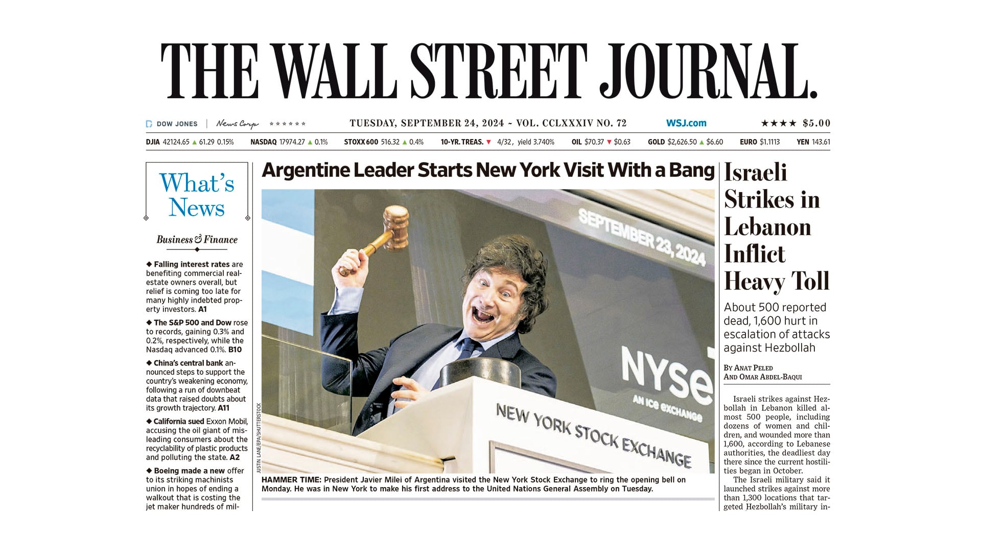 Milei en el Wall Street Journal portada