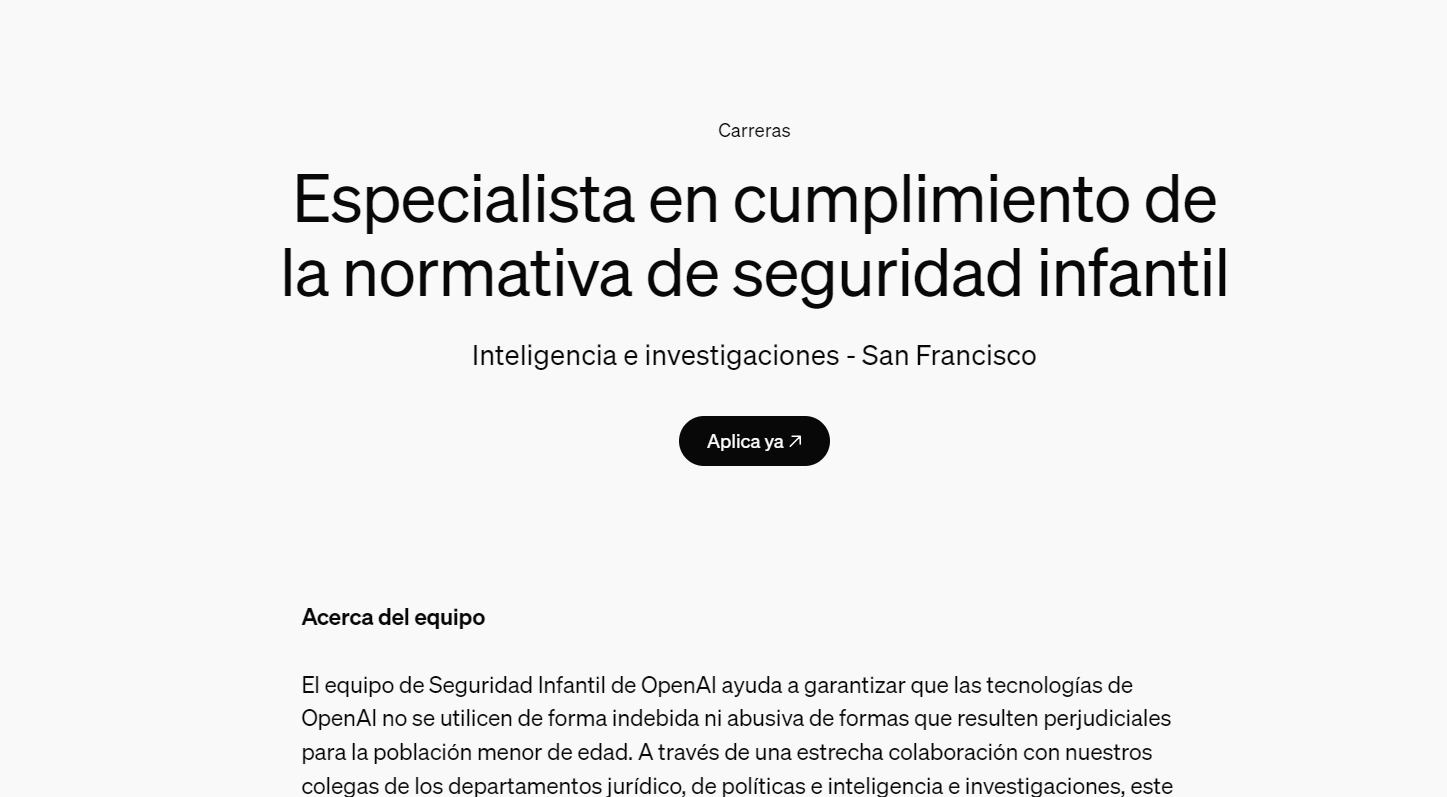 La startup detrás de ChatGPT está en busca de una persona que se encargue de cumplir las normativas de seguridad infantil. (OpenAI)