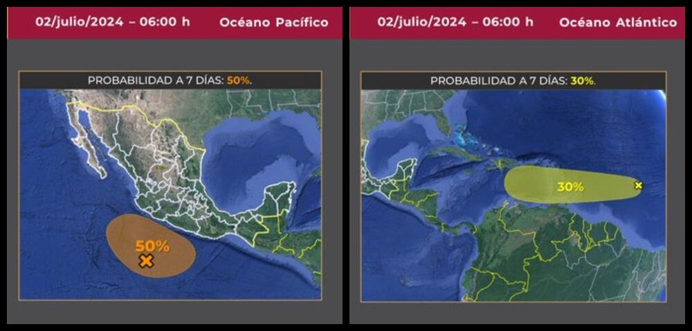 Zonas de baja presión monitoreadas por el Servicio Meteorológico Nacional en el Océano Pacífico y el Atlántico