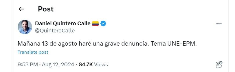 Daniel Quintero anunció su denuncia días antes - crédito @QuinteroCalle