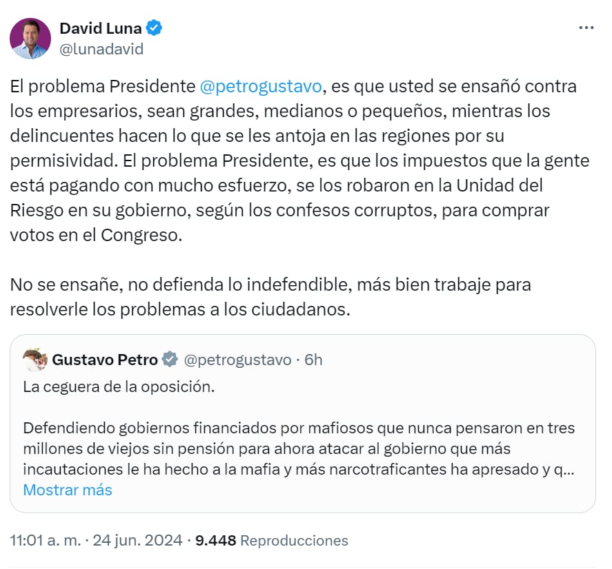 David Luna envió a pullas al presidente por escándalos en la Ungrd - crédito red social X