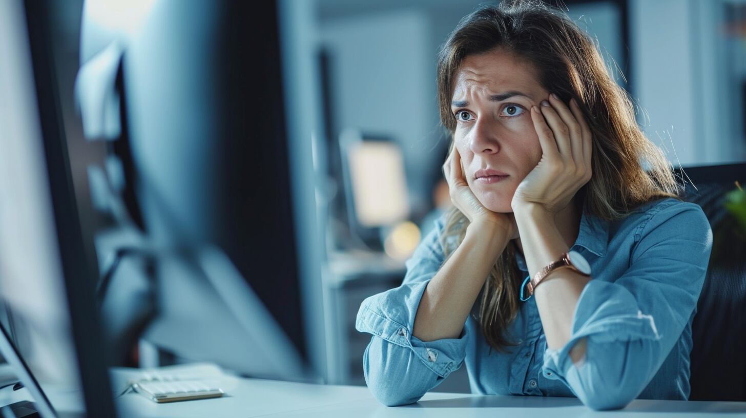 Una mujer ingeniera ve con preocupación la pantalla de su computadora - (Imagen Ilustrativa Infobae)