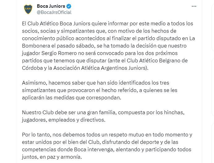 COMUNICADO BOCA CHIQUITO ROMERO