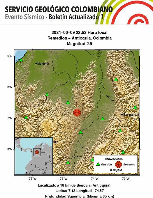 Temblor en la noche del domingo 9 de junio, con epicentro en Remedios (Antioquia). (Crédito: @sgcol / X)