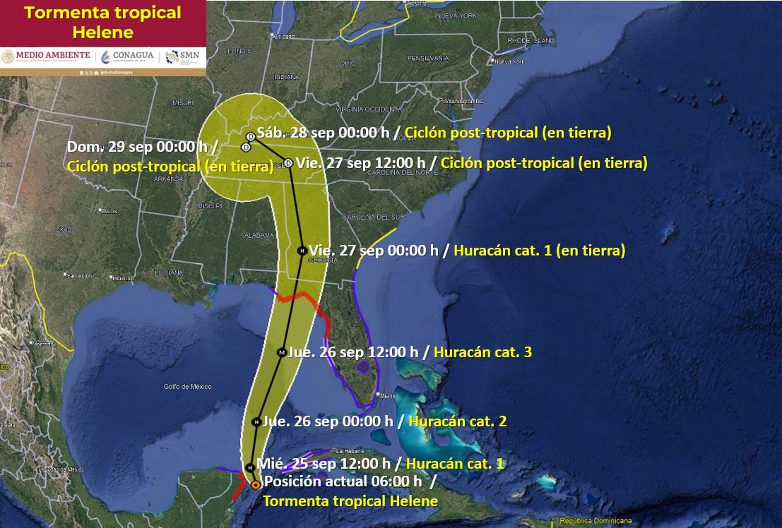 Trayectoria de la Tormenta Tropical Helene según el SMN