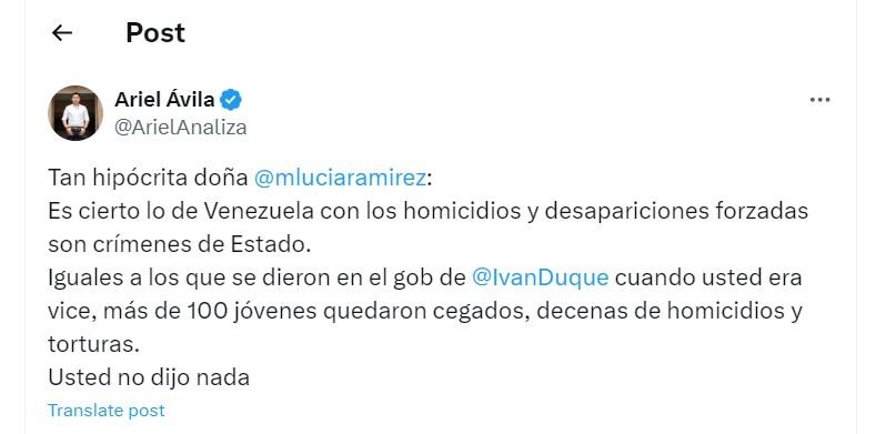 Ariel Ávila le dice hipócrita a Marta Lucía Ramírez - crédito @ArielAnaliza