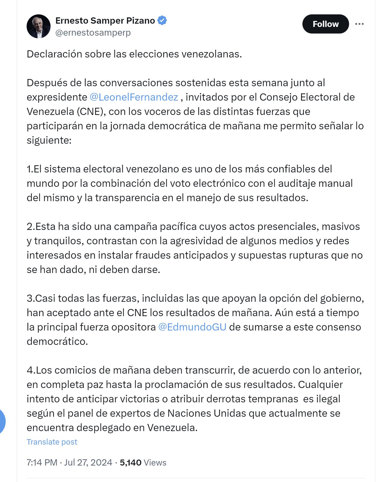 Ernesto Samper aseguró que el sistema electoral venezolano es uno de los más "confiables" - crédito @ernestosamperp/X