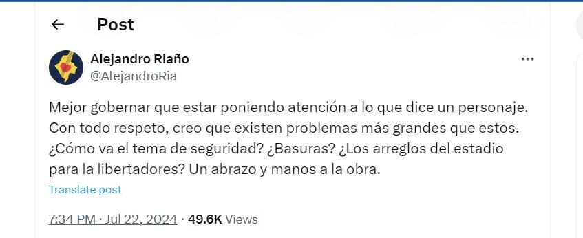 Alejandro Riaño le responde al alcalde de Bucaramanga en su cuenta de X - crédito @AlejandroRia