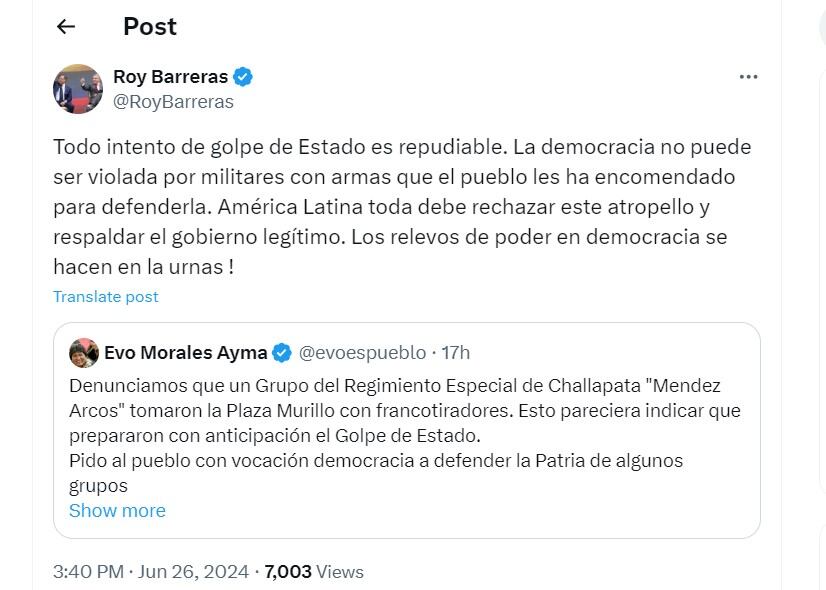 Roy Barreras rechaza el intento de golpe de estado en Bolivia - crédito @RoyBarreras