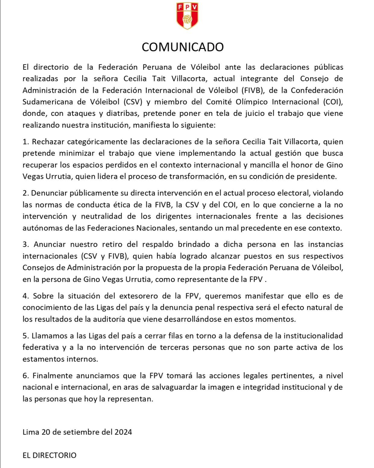 Cecilia Tait llamó 'cobarde' a Gino Vegas, presidente de la FPV.