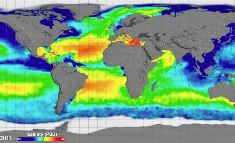 Los cambios de salinidad como resultado de los cambios en el ciclo del agua conducen a un menor calentamiento de la superficie. (NASA, SCIENTIFIC VISUALIZATION STUDIO)
