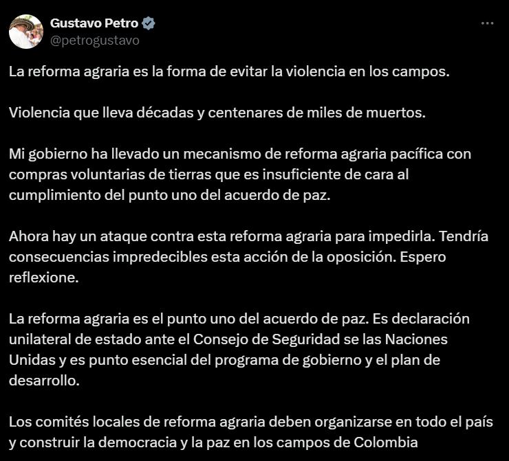 Petro defiende reforma agraria - crédito @petrogustavo/X