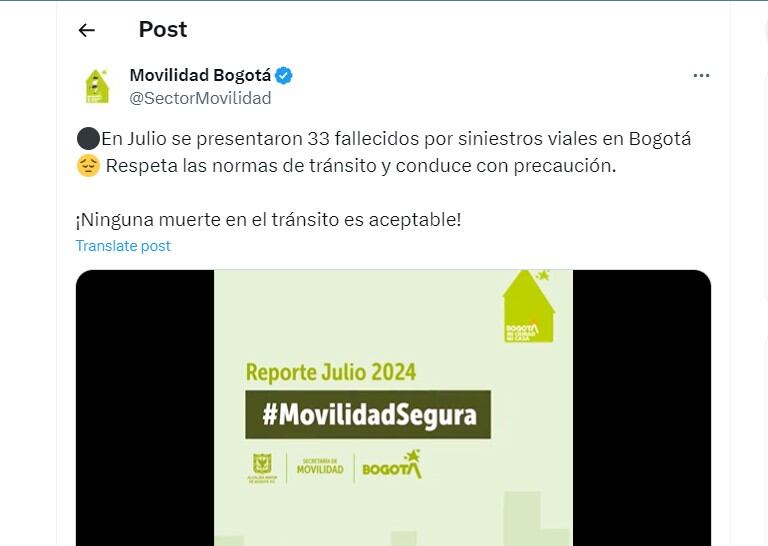 Movilidad Bogotá da un reporte de movilidad de accidentes de transito en julio - crédito @SectorMovilidad