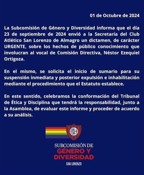 La Subcomisión de Género de San Lorenzo pidió la expulsión de Néstor Ortigoza del club (Primero San Lorenzo)