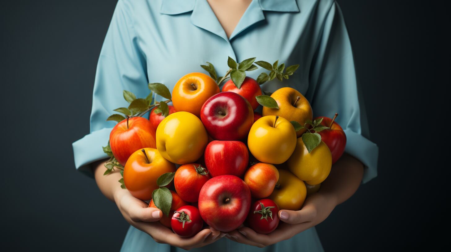 Imagen ilustrativa de una mujer sosteniendo una variedad de frutas y verduras frescas, enfocada en nutrición y salud. Su elección de alimentos prioriza la vida sana y el cuidado con vitaminas y nutrientes esenciales. (Imagen ilustrativa Infobae)