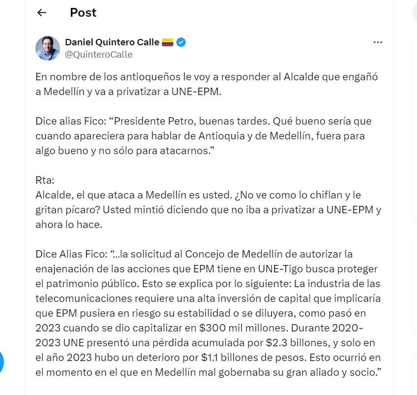 Daniel Quintero le responde a Federico Gutiérrez - crédito @QuinteroCalle