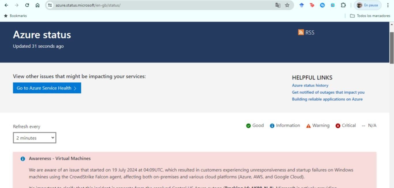 Microsoft en su portal de Azure señala que la falla no se ha corregido. (Microsoft)