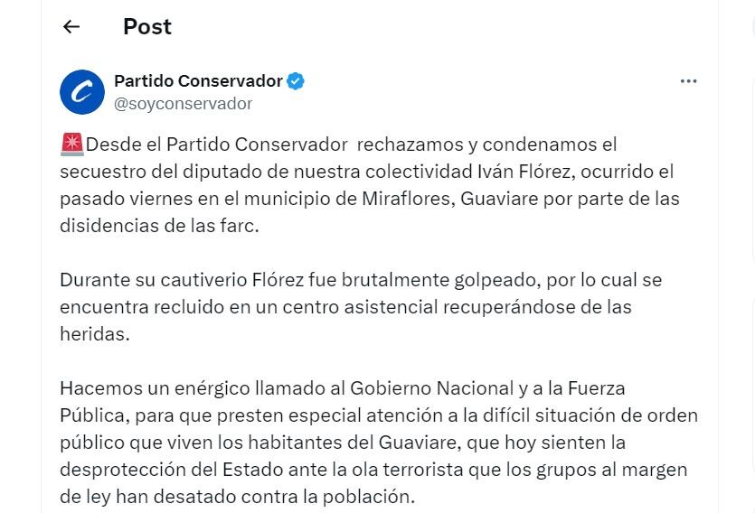 El Partido Conservador pidió al Gobierno más atención a la seguridad en el Guaviare a raíz de secuestro de uno de sus diputados - crédito @soyconservador