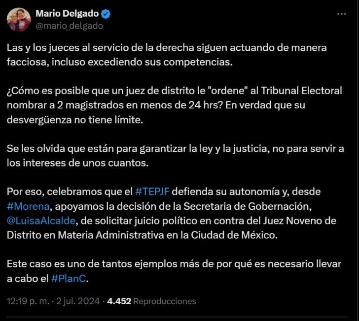 Mario Delgado respaldó que Luisa María Alcalde solicite un juicio político contra el juez. | Captura de pantalla