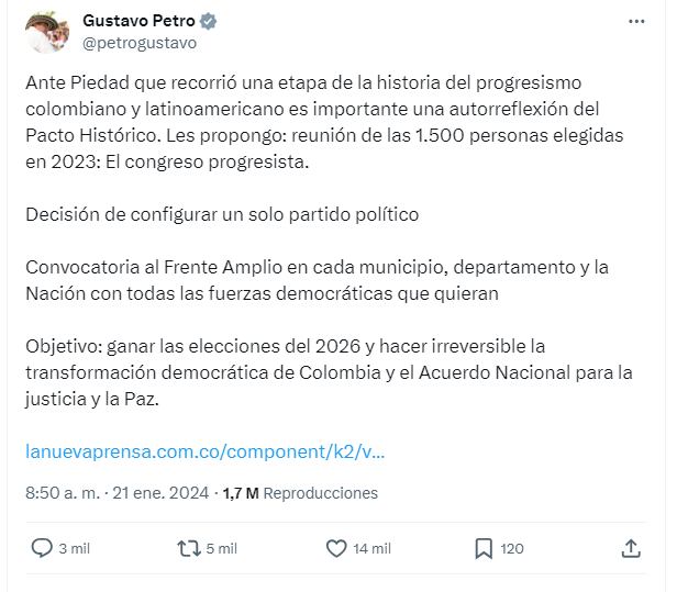 El presidente Gustavo Petro pidió al Pacto Histórico a que se conviertan en un partido político - crédito @PetroGustavo / X