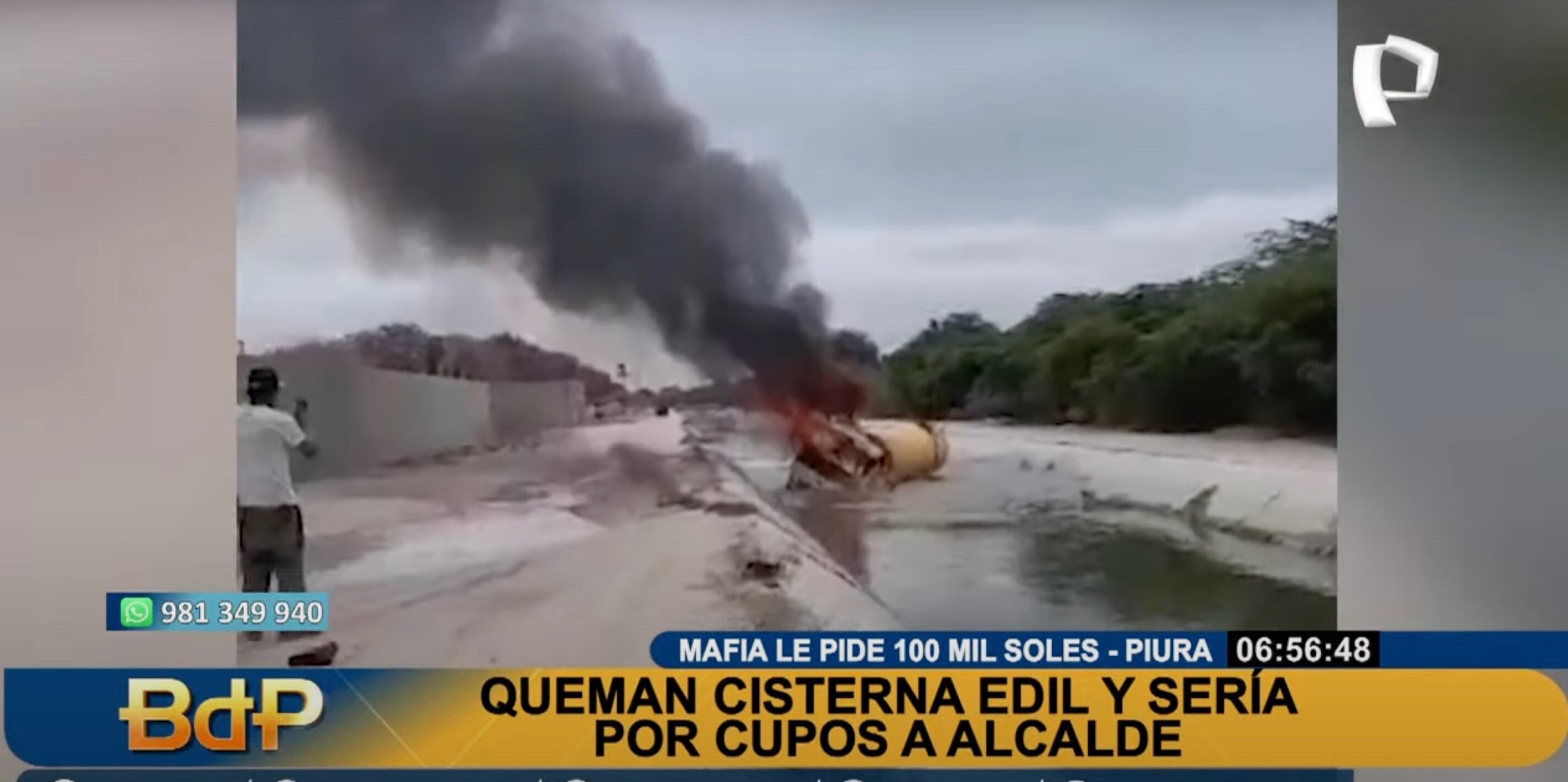 Incendian cisterna municipal en canal del distrito de La Unión por presunto ataque contra alcalde.