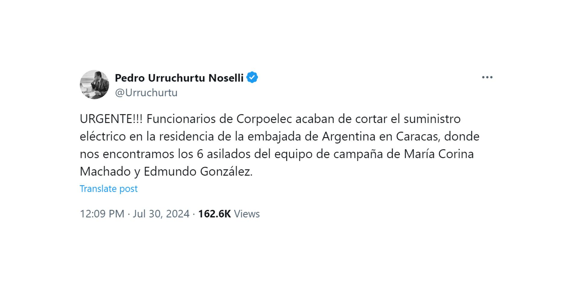 denuncian que cortaron la luz en la embajada argentina en Venezuela tuit