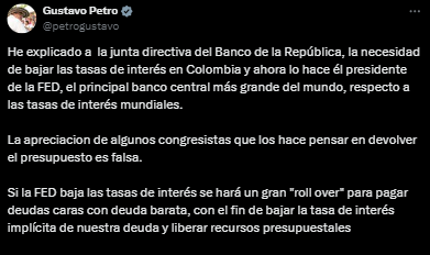 El gobernante habló sobre la importancia de que el Banco de la República reduzca sus tasas de interés - crédito @petrogustavo/X