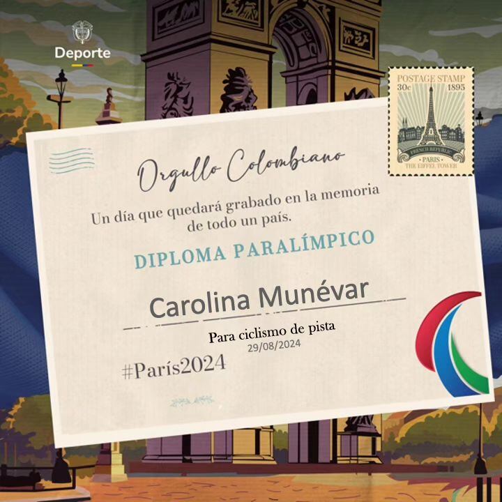 Con el siguiente post, el Ministerio del Deporte felicitó a Carolina Munevar por conseguir el diploma en Para-ciclismo - crédito @MinDeporteCol / Instagram