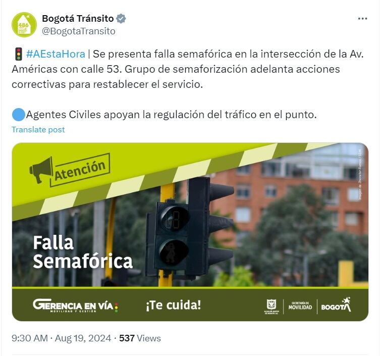 Se reportan fallas semafóricas en el occidente de Bogotá - crédito @BogotaTransito/X