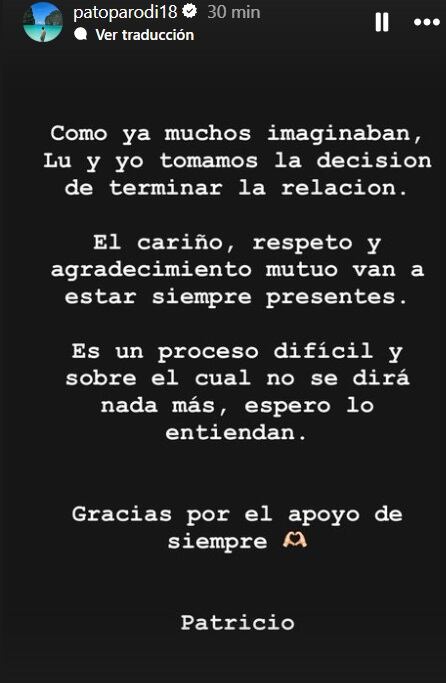 Patricio Parodi anunció su separación de Luciana Fuster. Instagram/@patoparodi18