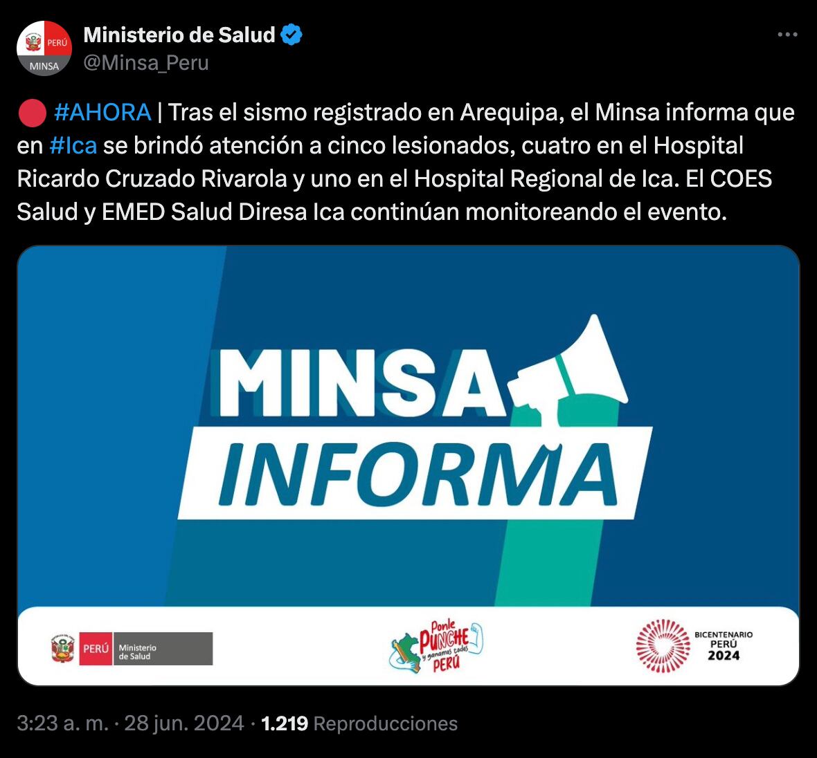 Minsa reporta heridos luego de sismo en Arequipa.