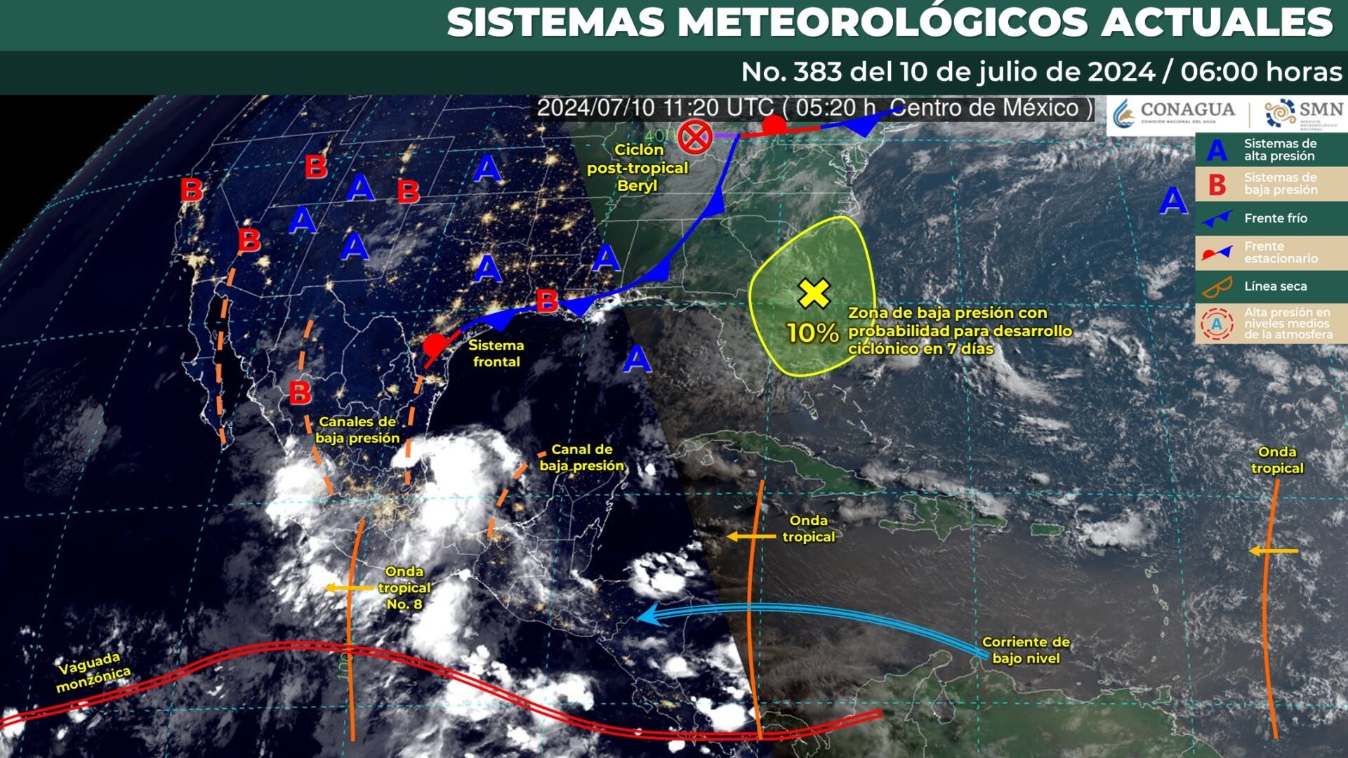 Este mapa muestra los sistemas meteorológicos que influirán en el clima de México este miércoles 10 de julio