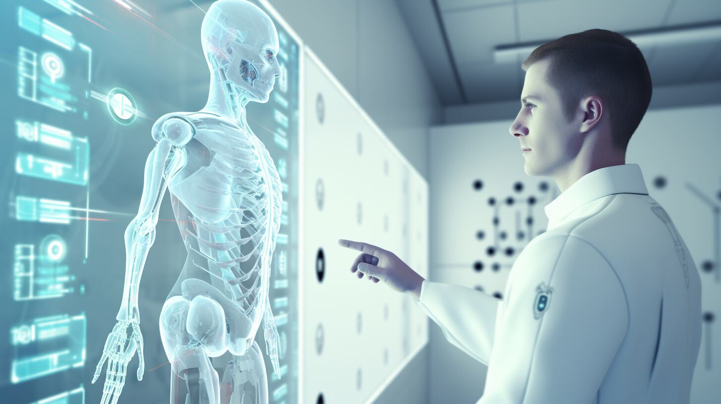 En una sala terapéutica hospitalaria, un robot blanco señala imágenes de rayos X en la pared, representando la sinergia entre tecnología y medicina en un entorno futurista. (Imagen ilustrativa Infobae).