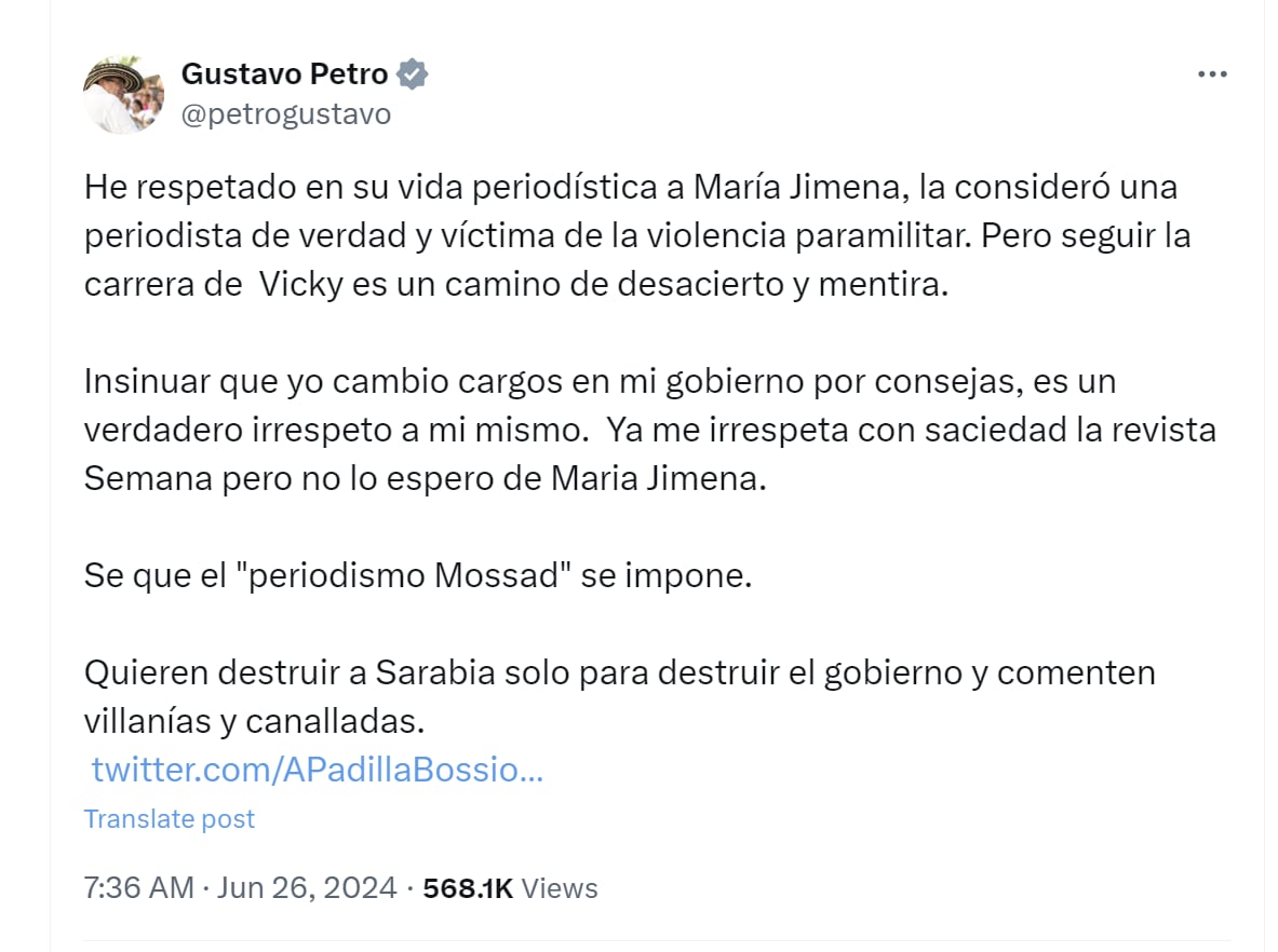 El presidente Gustavo Petro aseguró que la periodista María Jimena Duzán lo está irrespetando @petrogustavo/X