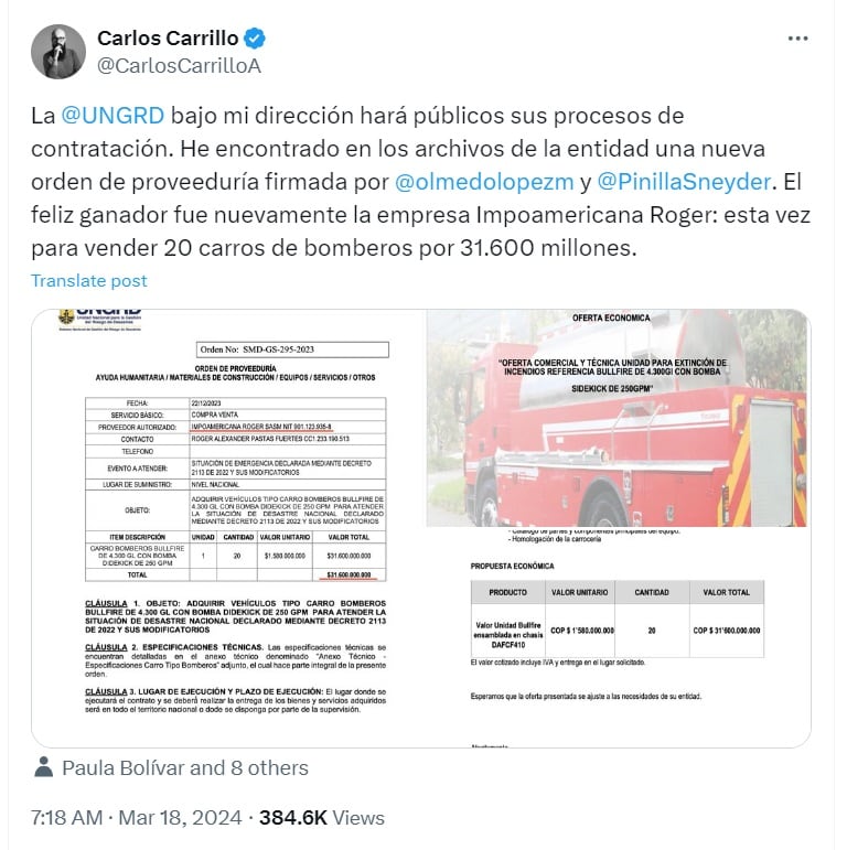 El actual director de la Ungrd se comprometió a revelar los contratos que involucran el entramado de corrupción en la entidad - crédito @CarlosCarrilloA/X