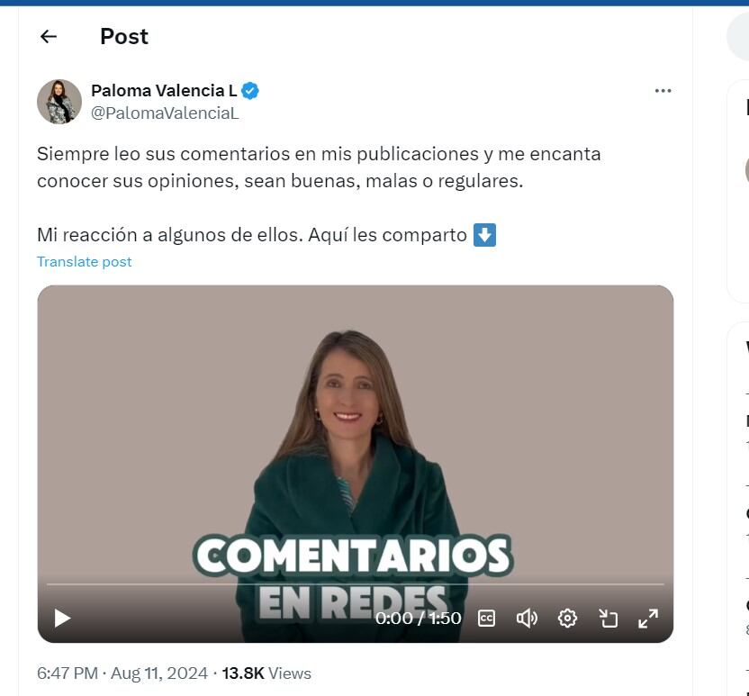 Paloma Valencia escoge comentarios de sus publicaciones para responder - crédito @PalomaValenciaL