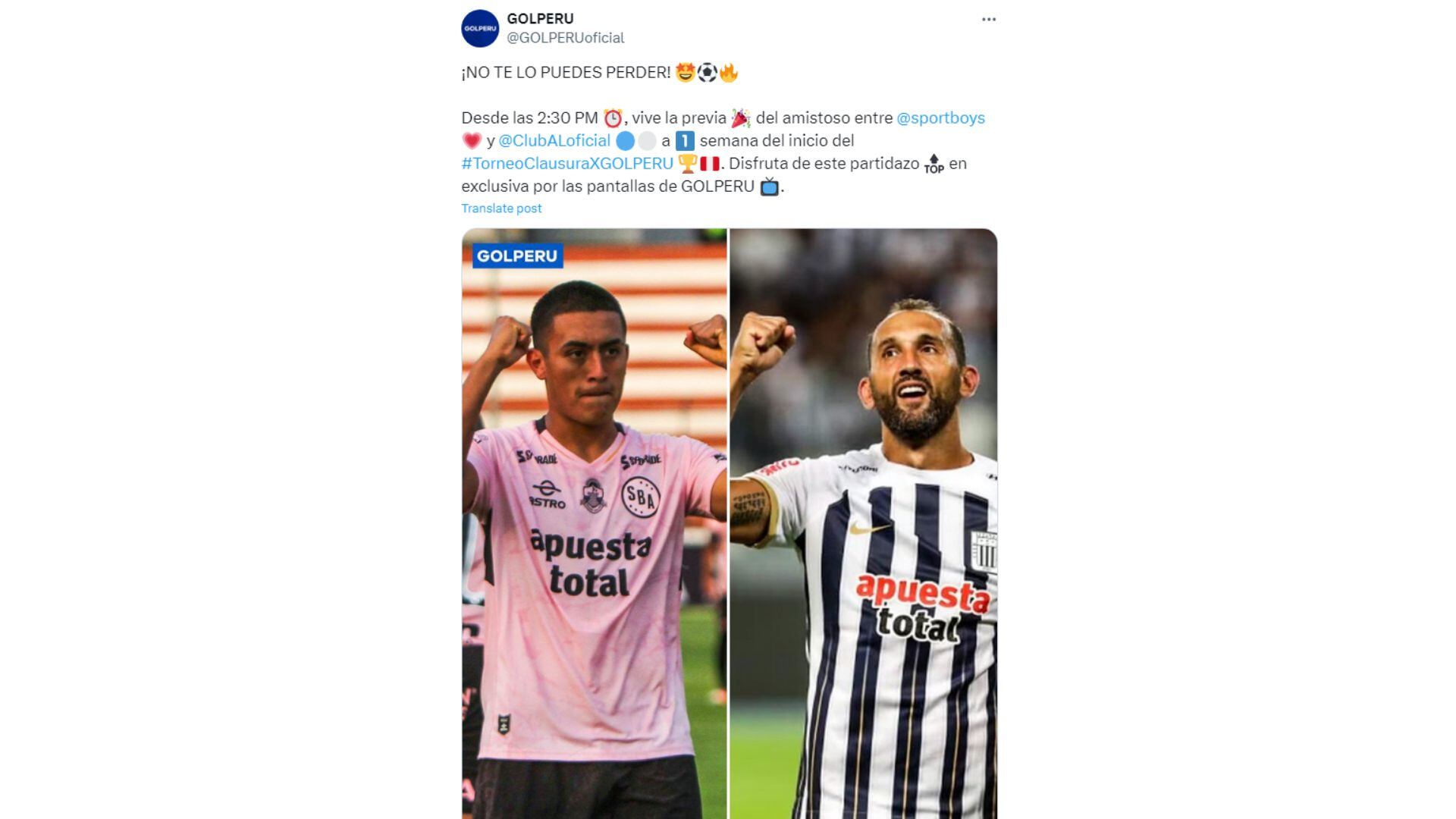 GOLPERU pasará el amistoso entre Alianza Lima y Sport Boys.