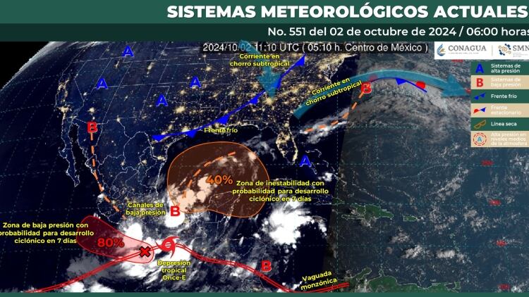 Sistemas meteorológicos que influirán en el clima de México este miércoles 2 de octubre