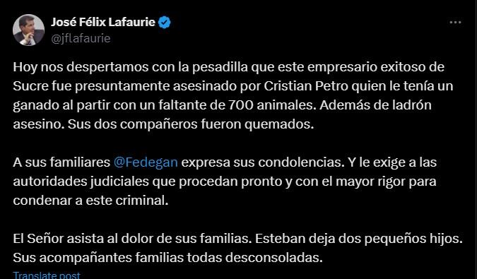 Presuntas disputas internas en las propiedades de Urueta podrían estar vinculadas con el asesinato del ganadero - crédito @jflafaurie/X